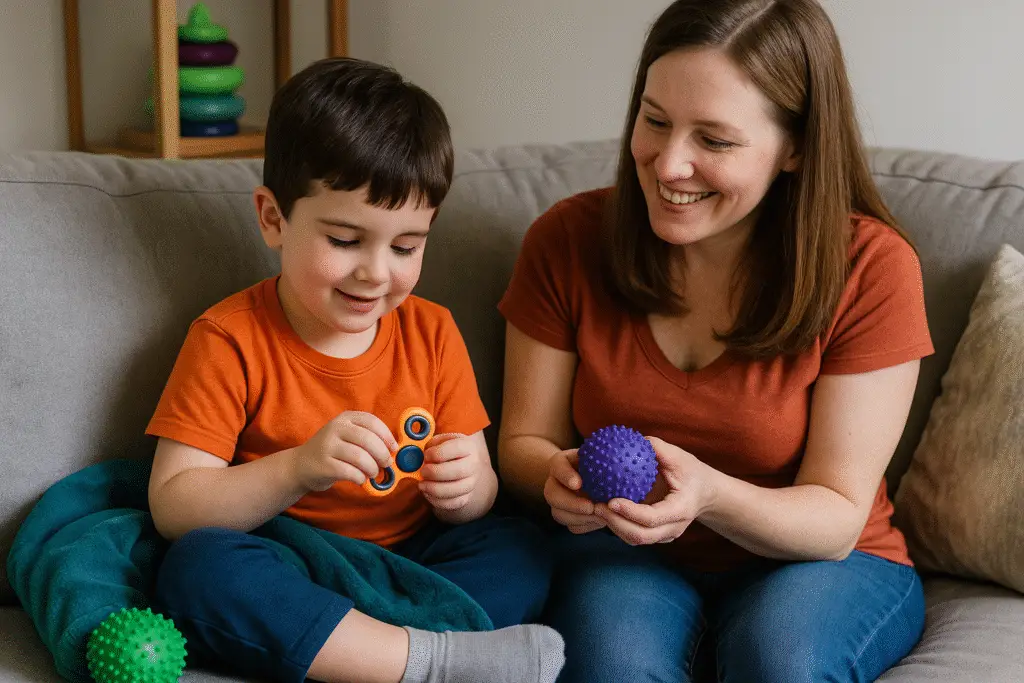 Mother and autistic child smiling and playing with sensory toys together on a couch
