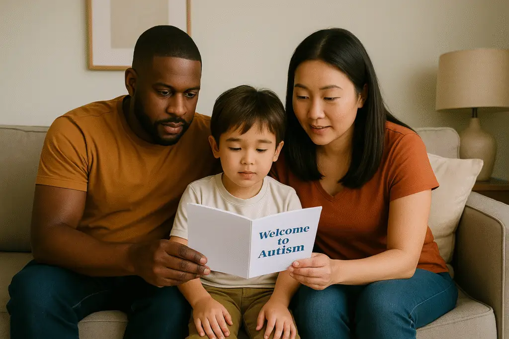 Black dad, Asian mom, and their young son read a “Welcome to Autism” booklet together on a living-room sofa.