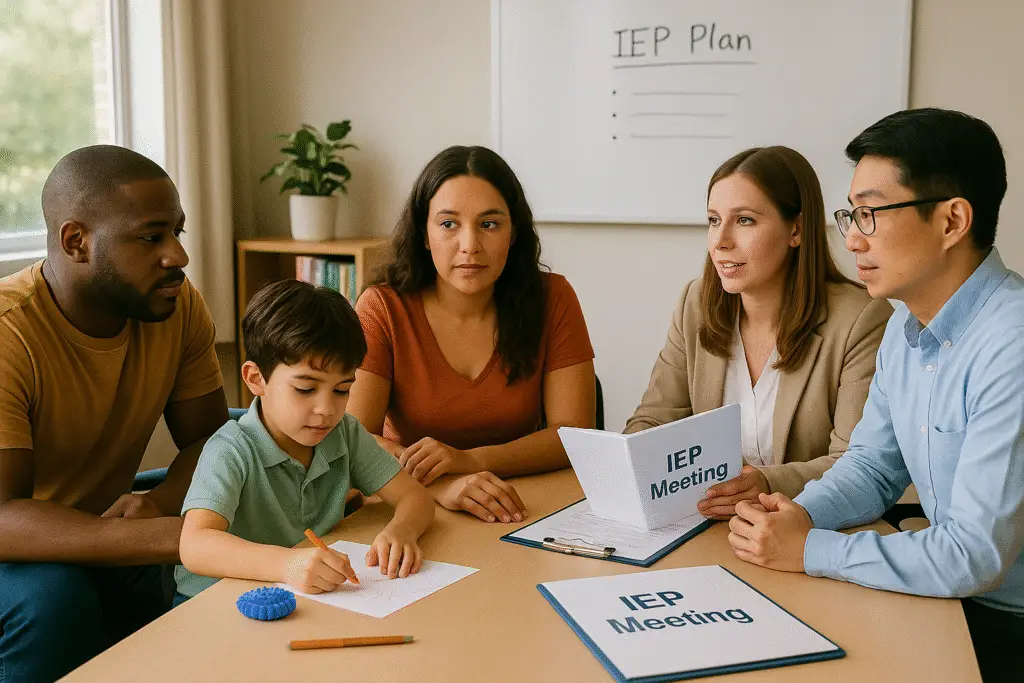 Parents and school team meet for an IEP; child draws quietly while adults discuss goals on the whiteboard.