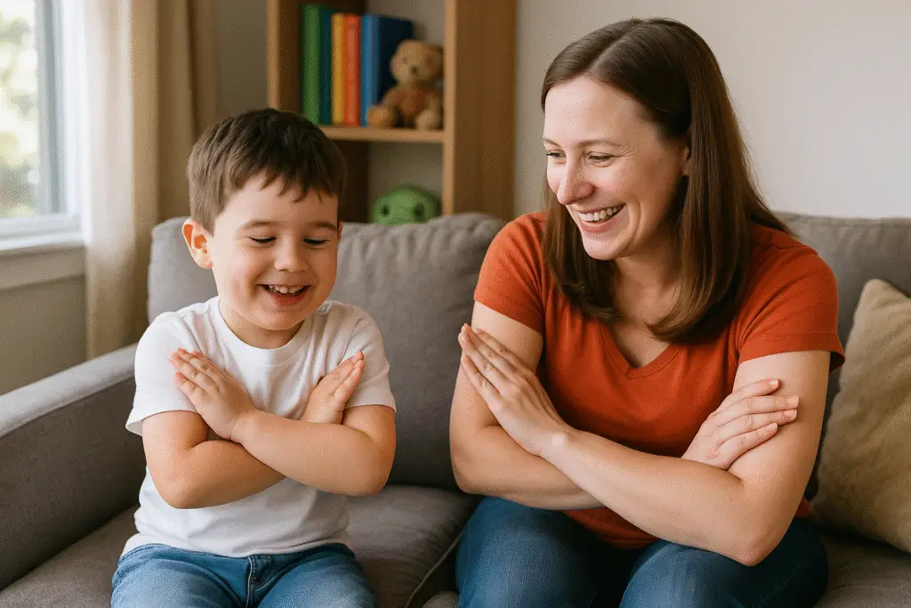 A smiling mother and her young autistic son sitting together on a couch, each holding colorful sensory toys, engaging in a playful and supportive moment at home.